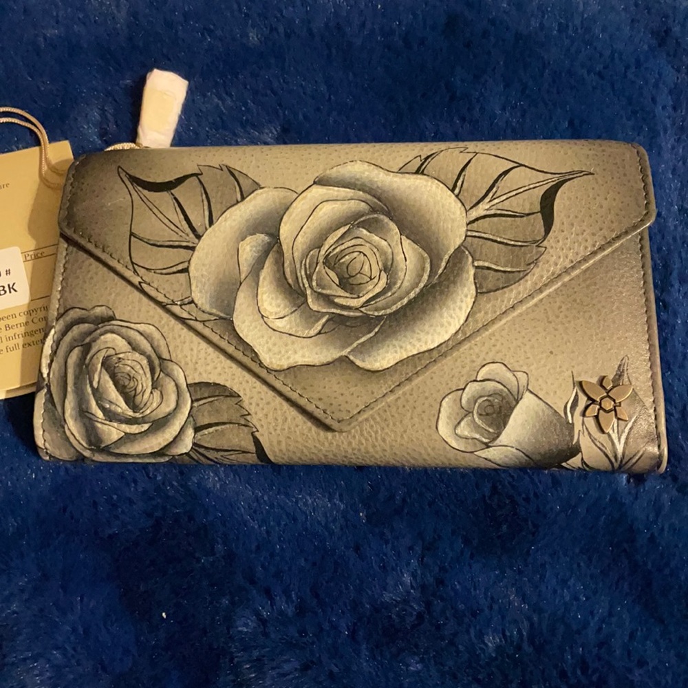 Anuschka leather hand painted wallet with RFID Grey Romantic Rose NEW